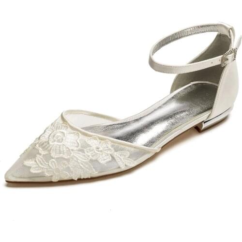 Creativesugar lady satin mesh dress shoes pointed toe ankle strap bridal wedding flats with lace applique sweet girl princess