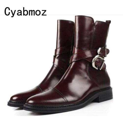 Cyabmoz men ankle boots genuine leather luxury buckle business dress shoes with high top zipper british martin booties male shoe