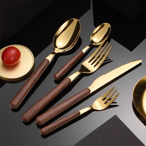 Wooden Handle Tableware Dinnerware Kitchen Utensils Cutlery Stainlessstee Lunch Of Dishes Complete Dinner Knife Spoons Fork Sets
