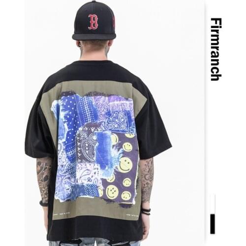 Firmranch 2021 Tee For Men/Women Paisley Smile face Print Cotton Shorts T-shirt Japanese Hot High Street Style Short Sleeve