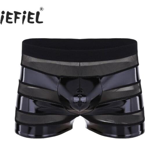 IEFiEL Gay Mens Lingerie Wetlook Faux Leather Mesh Patchwork Stripe Low Rise Boxer Shorts Underwear Hot Panties for Men