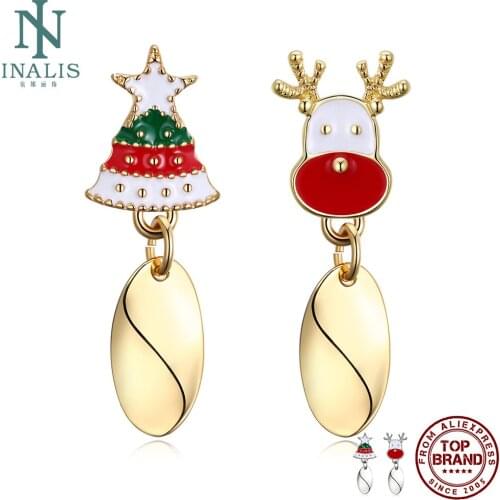 INALIS Christmas Tree With Elk Women’s Earring 2 Colors Gold Plate Asymmetry Cute Stud Earrings Fashion Party Jewelry Gift