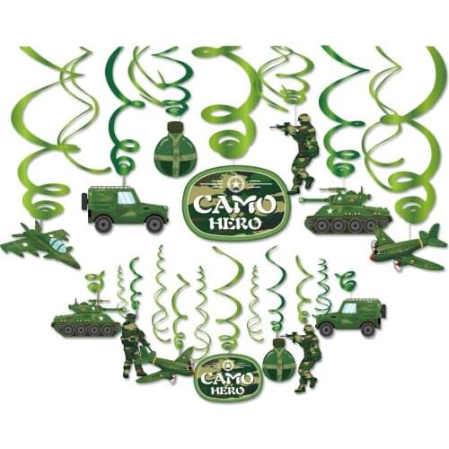 DIY Camouflage Chariot Ceiling Hanging Swirls Baby Shower PVC Cool Camo Hero Wall Spirals Boys Happy Birthday Party Decorations
