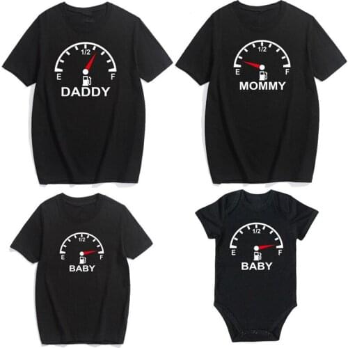 Family Matching Clothes Fuel Meter Pattern Family Look Black Daddy Mommy T Shirts Newborn Baby Rompper Clothing 100% Cotton