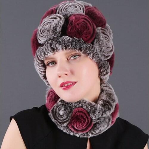 Fashion Knitted Rose Hat Scarf Set Two-In-One Autumn Winter Warm Rabbit Fur Cap Thick High Quality Wool Beanies Hat Xmas Gift