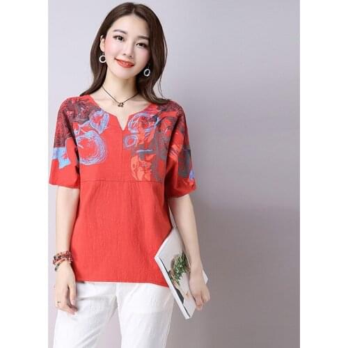 Summer Female Women Green White Orange Colored Painted Short Batwing Sleeve Linen Blouse , 3XL Loose Casual Blouses For Woman