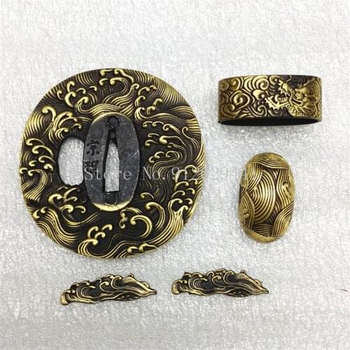 A Set Copper Japanese Sword Fittings HandGuard For Katana Wakizashi Theme Tsuba DIY Fittngs