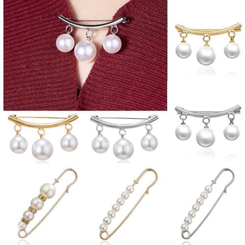Multiple Pearls Fixed Horizontal Large Pins Small Pearl Cardigan Avoid Exposure Women Straps Anti Slip Enamel Brooch Jewelry