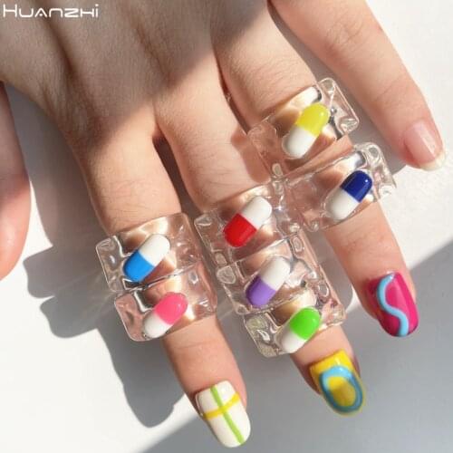 New Summer Resin Colorful Cute Small Pill Capsules Transparent Rings Geometric HUANZHI 2021 for Women Girls Fashion Jewelry