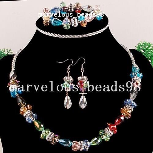Wholesale 8 sets Multicolor Faceted Crystal Water Drop Art Beads Necklace Bracelet Earrings FG3895