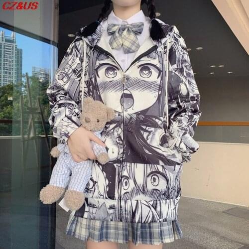 2021 Autumn Korea Harajuku Sweatshirts Pocket Casual Pullovers Kawaii Thin Hoodies Street Clothes Hip Hop Style Anime Print Coat