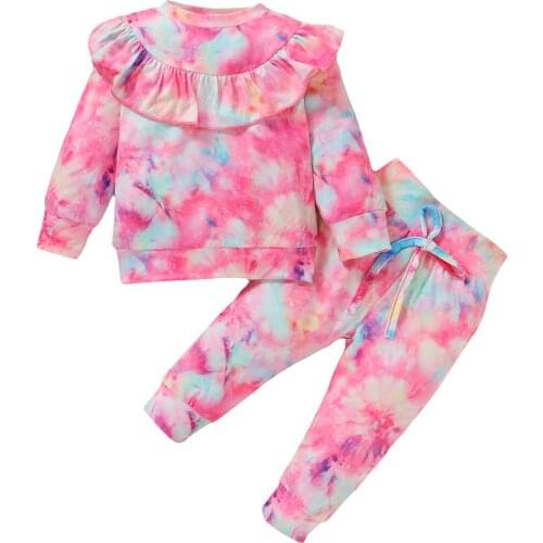 3-24M Autumn Newborn Baby Girls Tie-Dye Clothes Sets Ruffles Long Sleeve Pullover Sweatshirt Tops Pants 2pcs Outfits