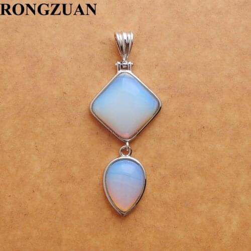 RONGZUAN Opal pendant necklace Natural Stone Square Water Drop Shape Geometric Pendulum Pendants Silver plated Chain 18" TN3770