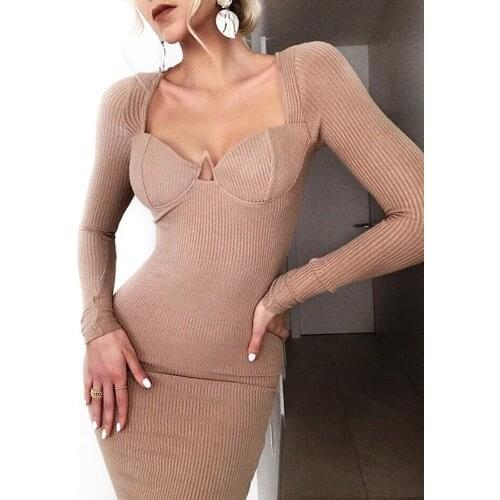 BKLD Autumn Ribbed Knit V-neck Dress Womens Hollow Bandage Bodycon Club Party Dress Long Sleeve Female Sexy Cut Out Midi Dresses