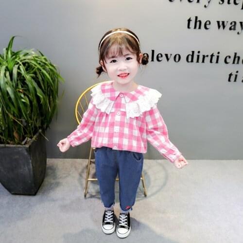 Autumn Children Clothing Set Baby Girl Korean Lapel Cotton Plaid Shirt Long Sleeve Jeans 2pcs 0-4 Yrs Toddler Girl Suit Clothes
