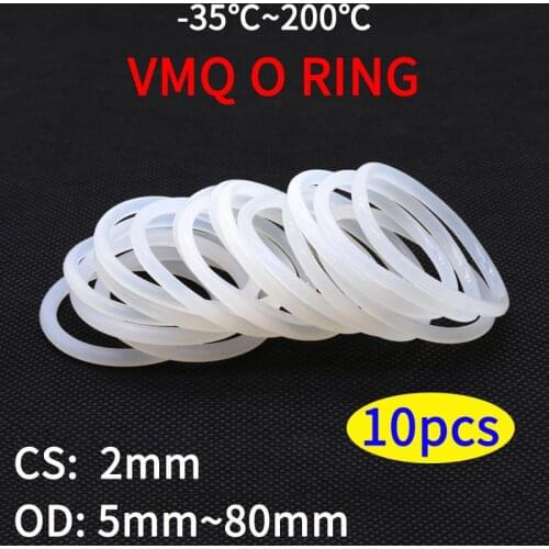 10pcs VMQ O Ring Seal Gasket Thickness CS 2mm OD 5 ~ 80mm Silicone Rubber Insulated Waterproof Washer Round Shape White Nontoxic