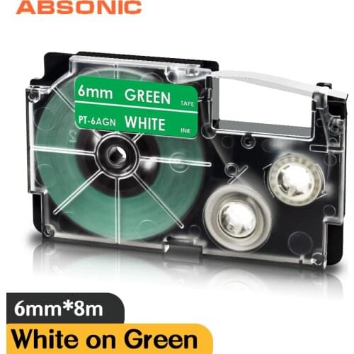Replacement for Casio 6mm Tape XR-6AGN White on Green Label Ribbon for Casio KL-G2 KL-130 KL-60 KL-120 KL-7400 Labeling Machine