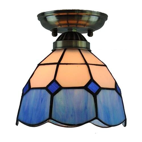 7" Tiffany Vintage Ceiling Light Modern Retro Blue & White Stained Glass Flush Mount Lamp Balcony Hallway Lighting Fixture CL252