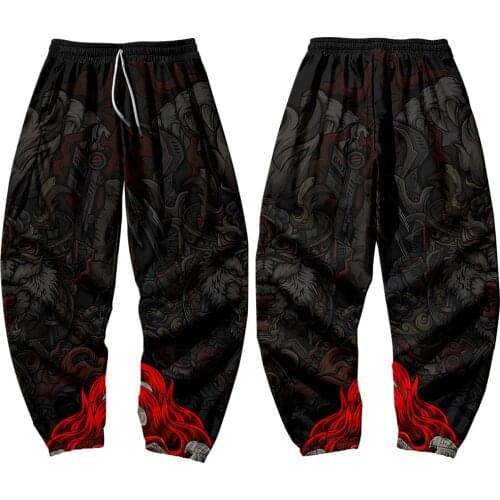 Men Casual Pants Summer New Black Personality Casual Pants Printing Loose Cropped Trousers Kimono Daily Samurai Trousers Men