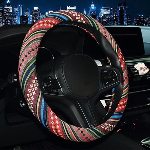 Car Steering Wheel Cover Ethnic Style Linen Car Steering Wheel Cover Non-slip Breathable Steering Wheel Car Interior Accessories
