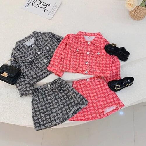 Spring Autumn Girls 2 Pcs Set Baby short Jacket + Skirt Kids Suits Children Clothes Fashion Grid Plaid Print ripped 2 To 6 Yrs
