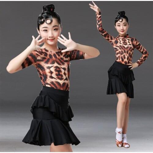 120-170CM ChildrenS Latin Dance Dress Kids Girls Ballroom Samba Competition Practice Clothes Leopard Skirt Suit 2 Pieces DL3602