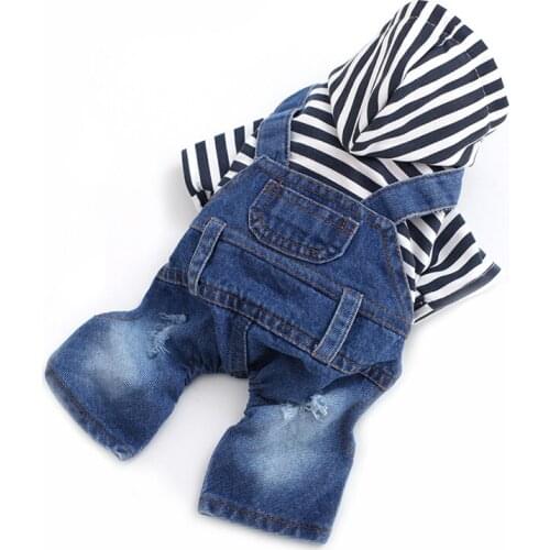 Stripe Denim Jumpsuit Dog Jeans Pet Hoodies Cool Overall For Small Medium Dogs Classic Jacket Vintage Washed Puppy Clothes 20E