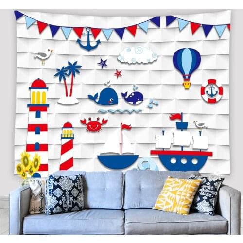 Mediterranean Style Tapestry Wall Hanging Childrens Room Boy Girl Cartoon Ocean Balloon Dolphin Background Aesthetic Tapestries