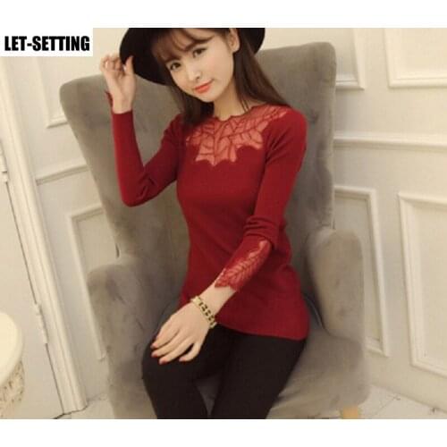 Lace-encrusted low-necked cashmere sexy pullover bottoming half-high fashion slim women sweater patchwork hollow out ruffled