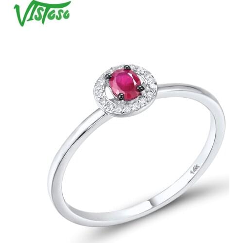 VISTOSO Genuine 14K 585 White Gold Rings For Women Sparkling Ruby Diamond Round Rings Simple Style Trendy Fine Gifts Jewelry