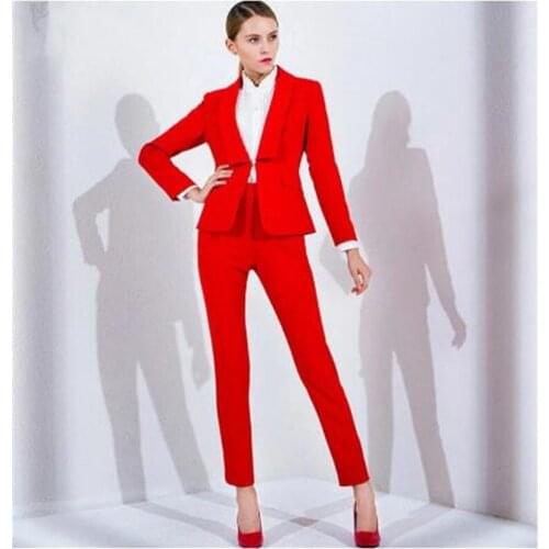 Red Womens Suit 2 Pieces Set 2020 Autumn Office Wear Jacket Pants with Suit Ladies Trousers and Jacket Set Custom Made