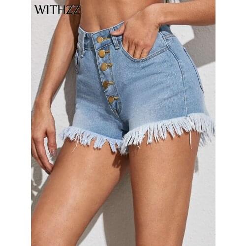 WITHZZ Summer Womens Fashion Breasted Jeans Slim Tassel Denim Shorts