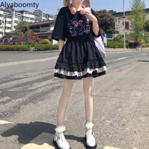 Japanese Harajuku Summer Women Mini Skirt Gothic High Waist Black White Lolita Kawaii Skirt Cute Sweet Lace Ruffles Girl Skirt