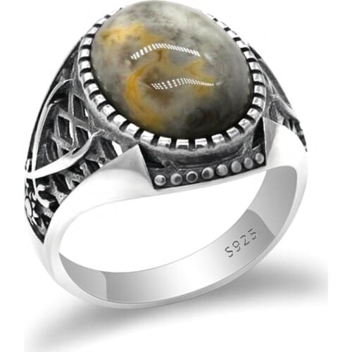 Genuine 925 Sterling Silver Islamic Mens Ring with Crazy Agate Ring Double Sword Ring Mens Turkish Religious Jewelry Gift