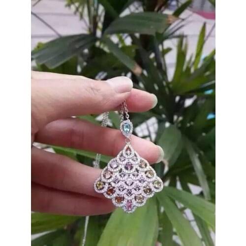 Natural multicolor tourmaline pendant S925 silver Natural gemstone Pendant Necklace trendy Phoenix tail fan women jewelry