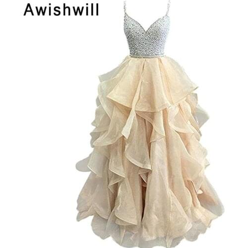 New Arrival 2020 Sexy Long Prom Dress Spaghetti Strap Beadings Ruffles Organza Open Back Graduation Party Dress Evening Gowns