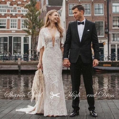 Sexy Plunging V Neck Wedding Dress Lace Mermaid Boho Bridal Gown With Cape 2021 Half Sleeve Bohemian Wedding Dresses Sharon Said