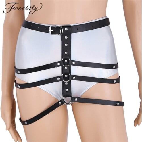 Women Fashion Punk Faux Leather Adjustable Waist Belt Body Cage Harness with 3 Garter Straps Cosplay Club Costumes