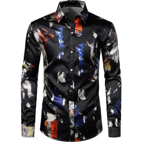 Feather Printed Silk Shirt Men Satin Smooth Men Long Sleeve Casual Party Button Down Men Designer Shirts for Men Camisas Hombre