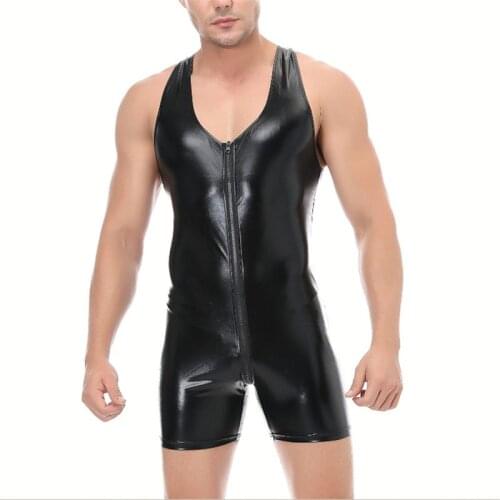 Sexy Mens Vest Underwear Patent Leather Bodysuits Wrestling Singlet Zipper Open Crotch Boxers Jumpsuits Leotard Stage Nightclub