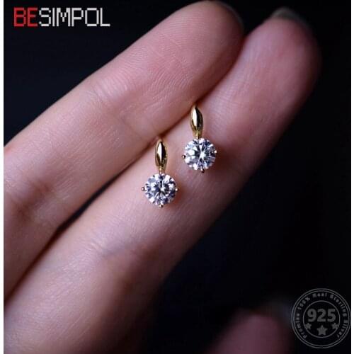 Besimpol Genuine 925 Sterling Silver Zircon Stud Earrings 14K Gold Plated Exquisite Simple Earrings For Women Wedding Jewelry