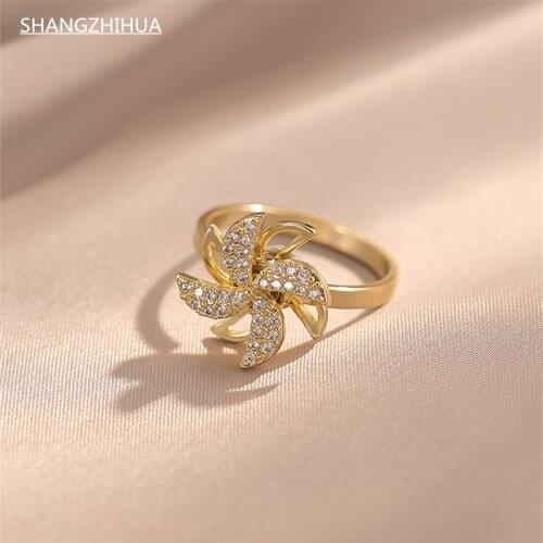 SHANGZHIHUA Rotating Windmill Ring Fashion Luxury Zircon Gold Womans Ring Delicate Girl Uncommon Jewelry Gift Accessories
