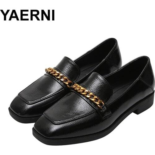 YAERNI Mocassin Women Shoes 2020 Fashion Metal Chain Womens Loafers Patent Leather Vintage Shoes for Women Square Toe Shoes