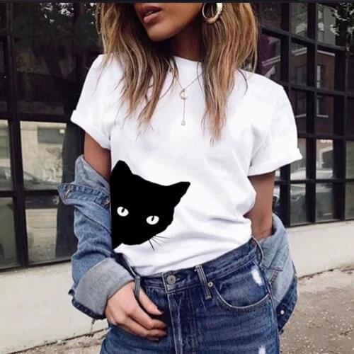 Cat Looking Out Side Funny T Shirts Women T-shirt Loose Camiseta Mujer Short Sleeve Fashion Tshirt Women Casual Tee Shirt Femme