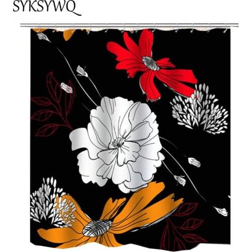 Shower Curtain Black And White Flower Red Gold Cortina Ducha Drop Shipping Fabric Plants Leaves Curtain For The Bathroom Shower