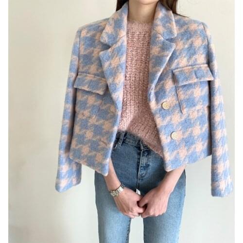 Elegant Houndstooth Notched Long Sleeve Thicken Warm Short Jacket Coat Female Plaid Pocket Single-Breasted Outerwear