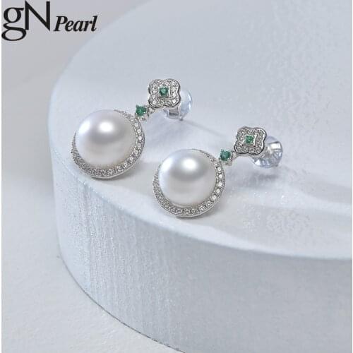 GN Pearl 925 Silver Zirconia Drop Earrings 2021 Genuien 8-9mm White Natural Freshwater Pearl Earrings Stud gNPearl Fine Jewelry