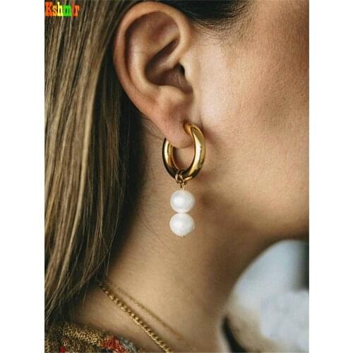 Kshmir New style pendant women irregular freshwater pearl earrings simple fashion stainless steel earrings girls jewelry gift