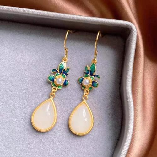 Ethnic Style Earrings Womens Retro Temperamental Sterling Silver Gilding Burnt Blue Earrings Ancient Chinese Style Hetian Jade