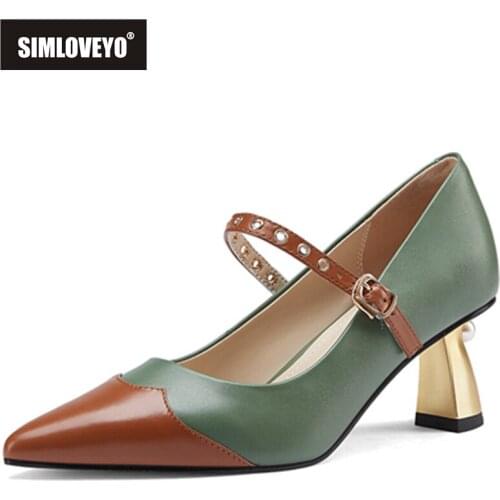 SIMLOVEYO New 2021 Women Pumps Pointed Toe 6cm Block Heels Genuine Leather Buckle Patchwork Stylish Size 39 Casual Date B2423